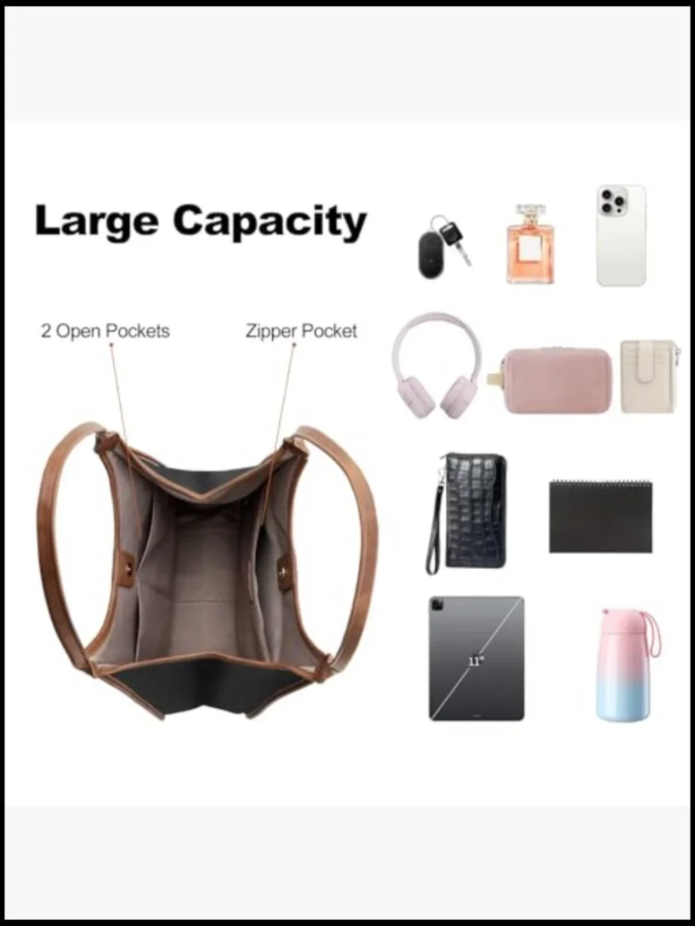 Vegan Leather Hobo Tote Bag Large Work Shoulder Purse with Zipper